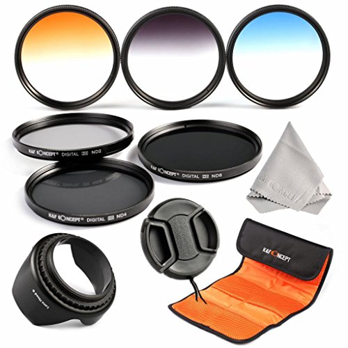 K&F Concept 58mm 6pcs Neutral Density ND2 ND4 ND8+Graduated Color Bule Orange ND4(Grey) Lens Filter Kit for CANON EOS Rebel T5i T4i T3i T3 T2i T1i XT XTi XSi SL1 DSLR Cameras + Microfiber Lens Cleaning Cloth + Flower Petal Lens Hood + Center Pinch Lens Cap + Filter Pouch