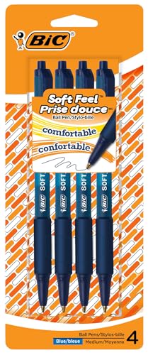 BIC Soft Feel Blue Retractable Ballpoint Pens, Medium Point (1.0 mm), 4-Count Pack, Blue Pens With Soft-Touch Comfort Grip