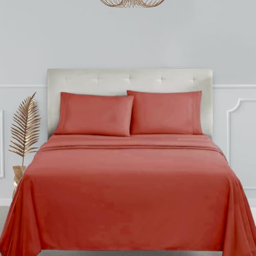 Clara Clark Bed Sheets, Premier 1800 Series 4 Piece Bed Sheet Set, Deep Pocket, Wrinkle, Fade, Stain Resistant, Luxury Soft Bedding Sheets & Pillowcases, Queen, Orange