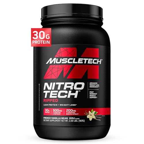 Muscletech Whey Protein Powder (French Vanilla Bean, 2LB) - Nitro-Tech Ripped Whey Protein Isolate & Peptides Smoothie Mix for Lean Muscle & Fast Recovery - 30g of Whey Protein for Women & Men