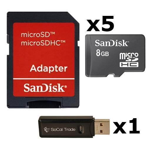 SanDisk SoCal Trade SDSDQAB-008G Lot de 5 cartes mémoire microSD HC avec adaptateur SD et lecteur de carte mémoire SD 8 Go