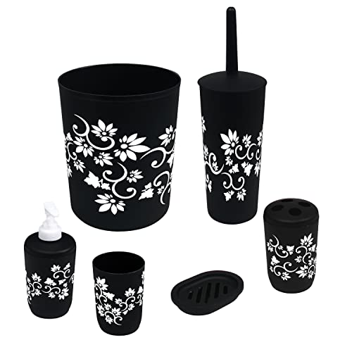 Blue Donuts Bathroom Accessories Set Complete, Toilet Brush and Holder, Trash Can, Toothbrush Holder, Black, 7 Pieces