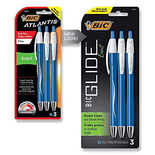 BIC Glide Exact Retractable Ball Point Pen, Fine Point (0.7 mm), Blue, Precise Lines For Clean Writing, 3-Count
