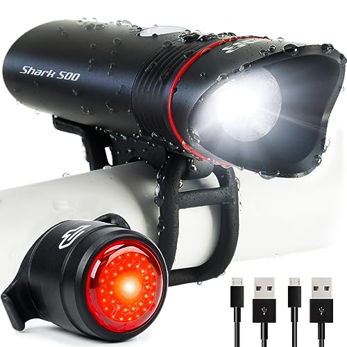 Bike Lights for Night Riding, USB Rechargeable Shark 500 Ultra Bright LED Bike Light Front and Back Safety Tail Light Included (Black)