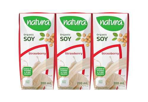 NATURA Mini Fortified Soy Milk - Strawberry - Organic & Gluten Free - Dairy Free - Vegan - Shelf Stable - Plant Based Beverage - Non-GMO - Perfect for Lunch Boxes - Made in Canada | 200ml (Pack of 3)