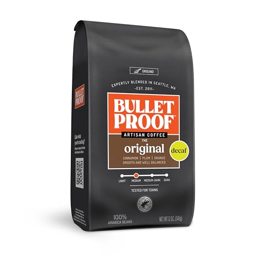 Bulletproof Original Medium Roast Ground Decaf Coffee, 12 Ounces, 100% Arabica Coffee, Clean Coffee Tested for Toxins, Packaging May Vary