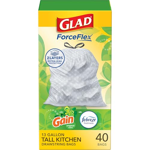 Glad ForceFlex Tall Kitchen Trash Bags, 13 Gal, Gain Original with Febreze, 40 Ct (Pack May Vary)