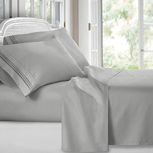 Clara Clark Premier 1800 Collection Deluxe Microfiber Three-Line Bed Sheet Set, Queen Size, Silver Light Gray