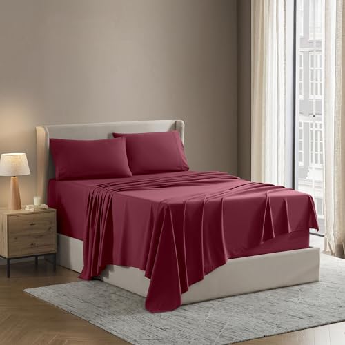 Nestl Queen Sheet Set - Luxury 1800 Ultra-Soft Microfiber Bed Sheets - Double Brushed - Deep Pockets - Easy Fit - 4 Piece Set - Bedding Sheets & Pillowcases (Queen, Burgundy Red)