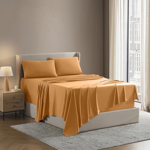 Nestl Bettlaken-Set – 1800 tiefe Taschen, Bettwäsche-Set – Hotel Luxus Doppelbett-gebürstete Mikrofaser – Spannbettlaken, Bettlaken, Kissenbezüge Queen Apricot Buff Orange