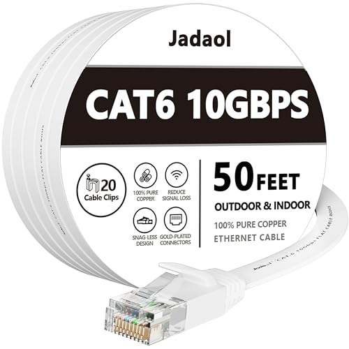 Cat 6 Ethernet Cable 50 ft, Outdoor&Indoor 10Gbps Support Cat8 Cat7 Network, Flat Internet RJ45 LAN Patch Cords, Solid High Speed Computer Wire with Clips for Router, Modem, PS4/5, Xbox, Gaming, White
