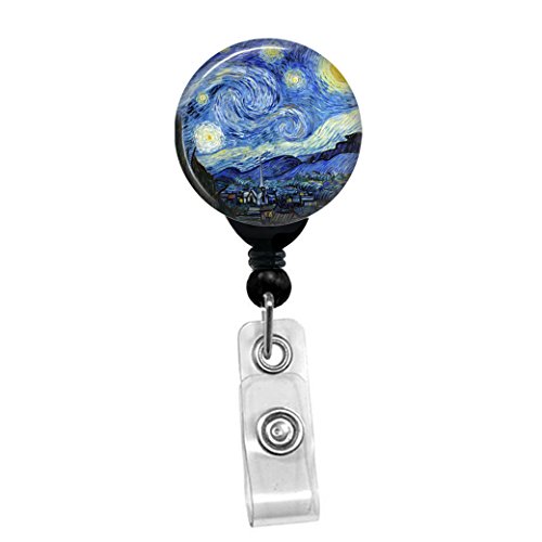 Vincent Van Gogh - The Starry Night -Retractable Badge Reel - ID Name Tag Custom Badge Holder (Black Badge Reel with Spring Pinch Clip)…
