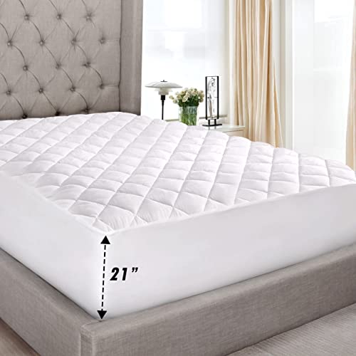 Mattress Cover, White Cotton-Poly Hypoallergenic Comfortable Soft - Quilted Fitted Mattress pad Queen Size 60" x 80" - Up to 20" Deep