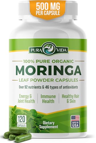PURA VIDA MORINGA Capsules Single Origin Moringa Powder Organic. Moringa Leaf. Energy, Metabolism, & Immune Support. 120ct. 500mg Caps.