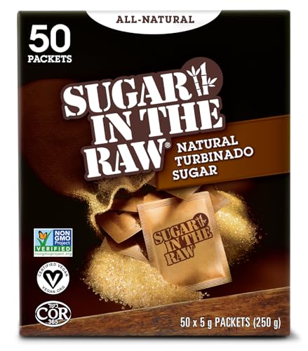 Sugar In The Raw - Turbinado Cane Sugar, Natural & Unrefined - Perfect for Baking, Coffee, and Sweetening - Non-GMO, Kosher Certified, Vegan, Made in Canada - 50 Packets (250g)