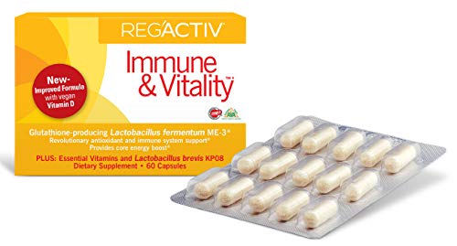 Reg'Activ Immune & Vitality with Lactobacillus fermentum ME-3, brevis KP08, Vegan Vitamin D3 and Vitamins C and B-Vitamins (B1, B2, B3 and B6) Essential for Health Maintenance