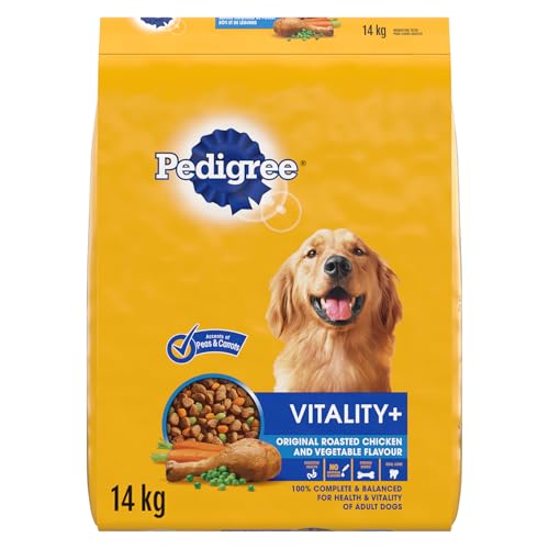 PEDIGREE VITALITY+ Dry Food For Adult Dogs – Roasted Chicken & Vegetable Flavour - Supports Strong Bones and Healthy Teeth – With Calcium, 14kg Bag