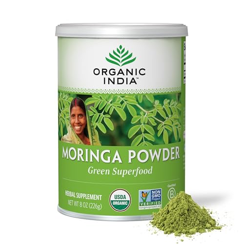 ORGANIC INDIA Moringa Powder - Moringa Oleifera Leaf Herbal Supplement, Green Superfood, Nutrient Dense, Pure Plant Protein, Vitamin A, E, K, Iron, Calcium, Fiber, Vegan, USDA Certified Organic - 8 oz