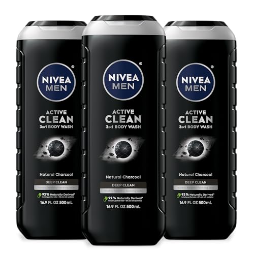 NIVEA Men Active Clean Body Wash, Natural Charcoal, 16.9 Fluid Ounce (Pack of 3)