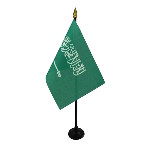 AZ FLAG - Saudi Arabia Table Flag 15x10 Cm - Saudi Arabian Mini Desk Flag 100% Polyester 4'' x 6'' - Office Flag with 25 Cm Pole - Golden Spear