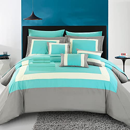 Chic Home Duke Queen Comforter Set 10-Piece, Colorblocked Queen Size Comforter Set with 2 Shams, 3 Pillows and Bedding Sets Queen (Turquoise)