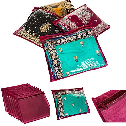 FiNeWaY@ 10 x Clear Saree Clothes Garment Sari Storage Bags Wardrobe Organiser Maroon