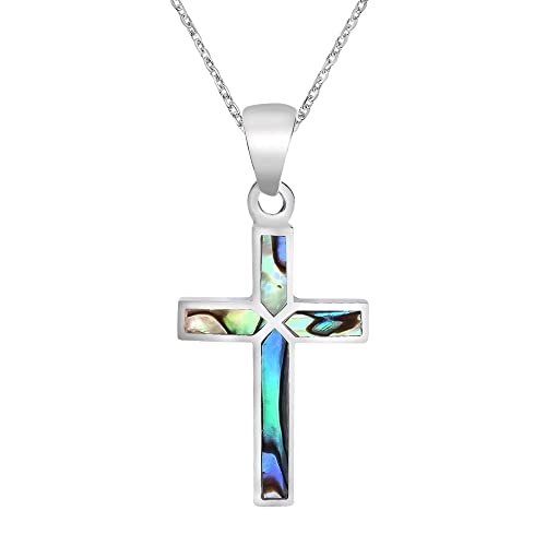 AeraVida Kreuz des Glaubens eingelegte Abalone-Muschel .925 Sterling Silber Anhänger Halskette