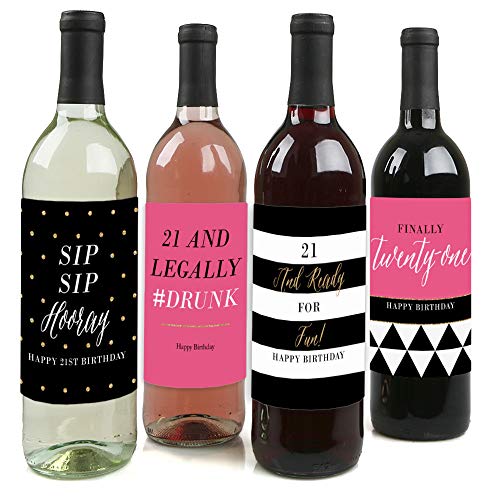 Big Dot of Happiness Finally 21 - Girl - Wine Bottle Labels Birthday Gift - Set of 4
