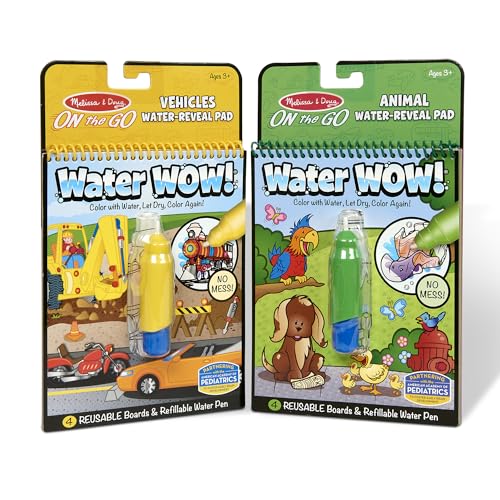 Melissa & Doug On The Go Water Wow! Reusable Water-Reveal Activity Pads, Vehicle & Animal Watercolor Books, Chunky-Size Water Pen, 2-Pack