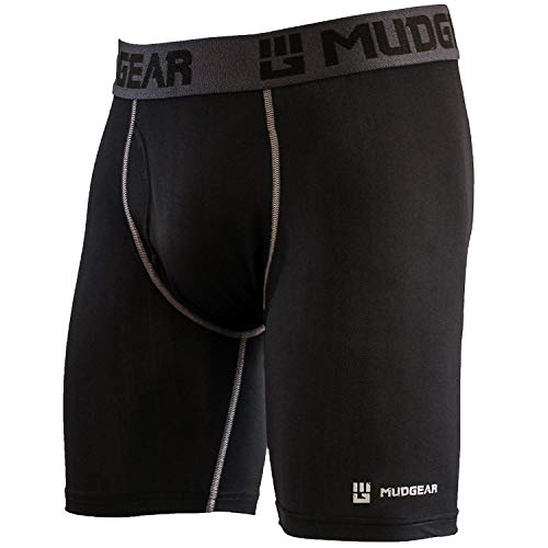 MudGear Men's Performance Boxer Brief, 9” Inseam - Breathable Wicking Compression Underwear - Running, OCR, Fitness (Med: 32"-34", Black/Gray)