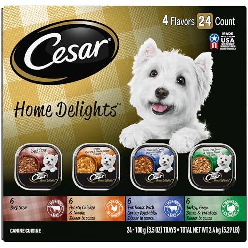 Cesar Home Delights Adult Wet Dog Food, Pot Roast with Spring Vegetables, Beef Stew, Turkey, Green Beans, & Potatoes, and Hearty Chicken & Noodle Variety Pack, 3.5 oz. (24 Count, Pack of 1)