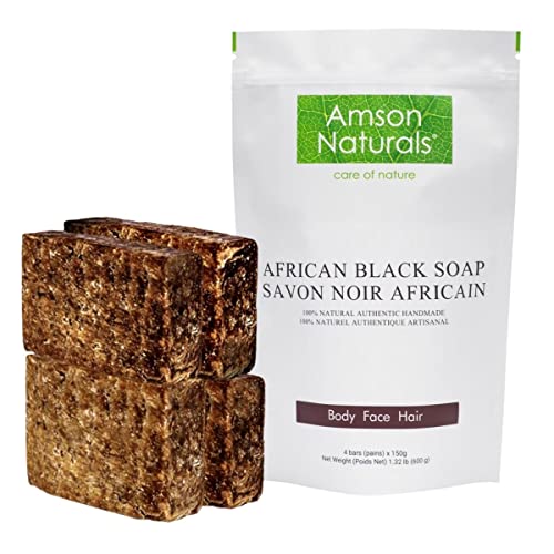African Black Soap (1.32 lb / 4 bars x 150 grams) - by Amson Naturals -100% Natural Pure Authentic Traditionally Handmade in Africa (Ghana) - for Body Face Hair.
