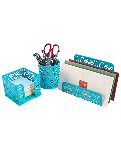 EasyPAG 3-Piece Desk Organizer Set with Carved Floral Design - No Assembly, Pen Holder, Letter Sorter & Sticky Notes Tray for Office & Home | Modern Office Supplies for Women, Dark Teal