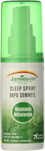 Jamieson Melatonin 1 mg Sleep Spray Natural Mint Flavour, Travel and Jet Lag, Improves Sleep Quality, Increases Sleep Time, and Helps Reset the Body's Sleep-Wake Cycle. Non-GMO, Gluten-Free, No Artificial Flavours, Colours, or Sweeteners, 58 mL