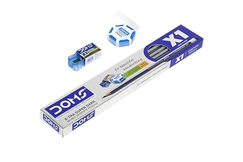 DOMS X1 Xtra Super Dark Pencils Box Pack|Hexagonal Shape For Easy Holding&Comfort|Free Eraser|Scale&Pencil Cap Inside|Dark&Neat Handwriting|Pack Of 10 Pencils|Black