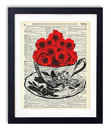 Tea Cup Of Roses Vintage Dictionary Art Print, Antique Wall Art Home Decor, Modern Boho Poster, Farmhouse Decoration Living Room Bedroom Office 8x10 Inches, Ready To Frame