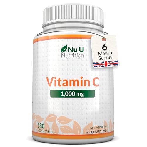 Vitamin C 1000mg - 180 Vegan Tablets - 6 Month Supply - High Strength Ascorbic Acid - Supports Immune System, Energy & Collagen Formation - Nu U Nutrition