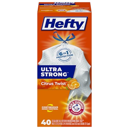 Hefty Ultra Strong 13 Gallon Trash Bags, Tall Kitchen Trash Bags 13 Gallon Size, Drawstring Closure, Continuous Odor Control, White, Citrus Twist Scent, 40 Bags
