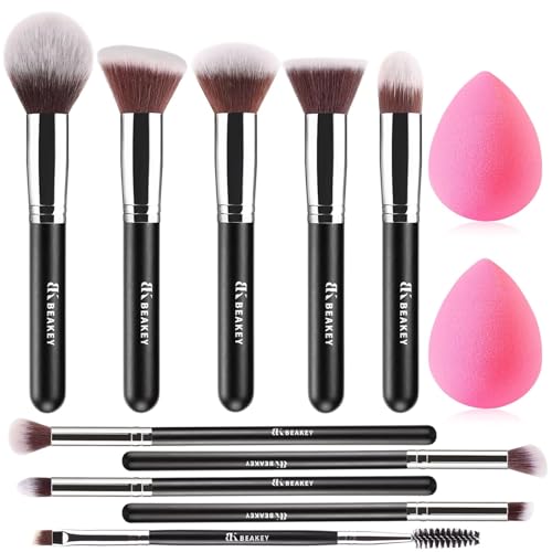 BEAKEY Pinselset Makeup Professionelles Foundation Make up Pinsel Set Premium Puderpinsel Lidschatten Blush Schminkpinsel Set Beauty Schwamm (10+2 Stück, Silber)