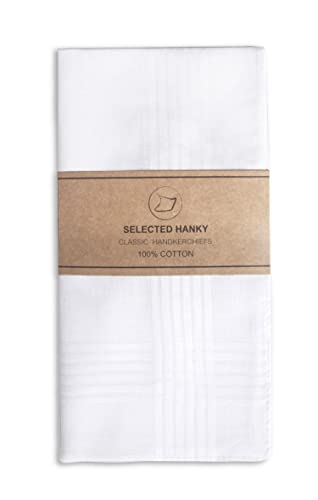 Selected Hanky Men's Handkerchiefs,100% Soft Cotton,White Classic Hankie Pack of 12