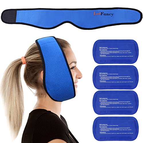 LotFancy Wisdom Teeth Ice Pack Head Wrap, Face Ice Pack for TMJ Toothache Pain Relief, with 4 Reusable Hot Cold Therapy Gel Packs, for Chin, Oral and Facial Surgery, Dental Implants, Blue