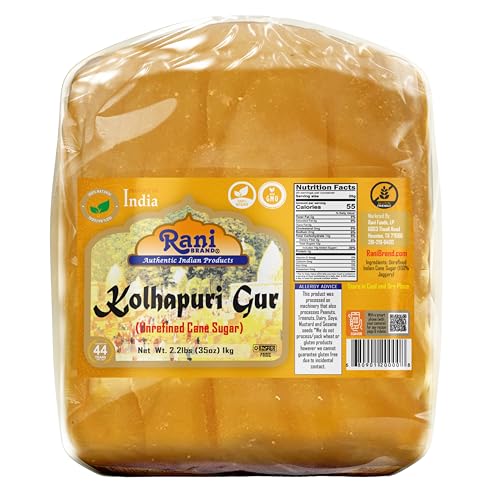 Rani Kolhapuri Gur (Jaggery) 1kg (2.2lbs) ~ Indian Unrefined Raw Cane Sugar, No Color added, Gluten Friendly | Vegan | NON-GMO | No Salt or fillers