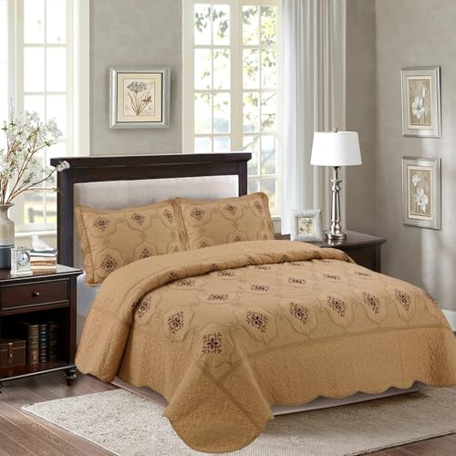MarCielo 3-Piece Fully Quilted Embroidery Quilts Bedspreads Bed Coverlets Cover Set, Cal King Size, Oversize, Taupe, Burgundy, Brown, Emma by marcielo