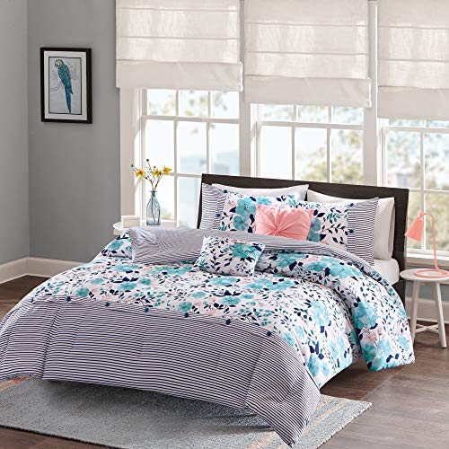 Intelligent Design Delle Comforter Set Twin/Twin XL Size - Blue, Floral Stripes – 4 Piece Bed Sets – Ultra Soft Microfiber Teen Bedding for Girls Bedroom