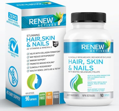 Renew Actives Skin, Hair and Nails Vitamins for Women & Men, 90 Rapid Release Capsules, Infused with 22 Active Nutrients & 200% DV of Biotin, Advanced Multivitamin Complex for Healthy Hair, Skin, Bone Density, and Thyroid Function. Vegan, Made in Canada!