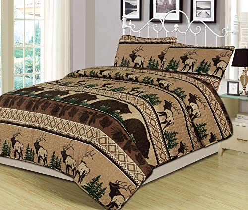 HowPlumb Bear Mountain 3-Piece Quilt Set Featuring Bear Elk Log Cabin Lodge Rustic, Queen, Brown