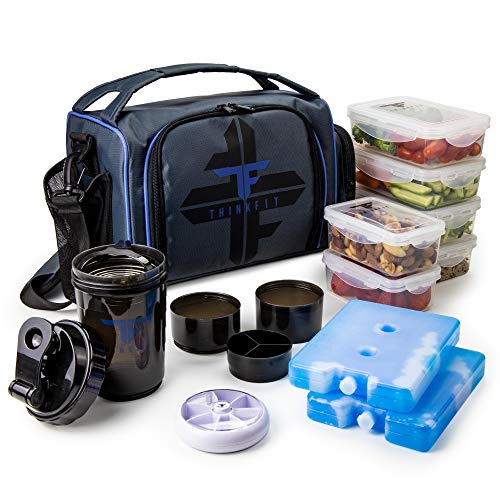 ThinkFit Sac Isotherme Repas, Sans BPA - 6 Boîtes à Lunch pour Aliments Allant au Micro-Ondes et au Congélateur, Bouteille de Shaker, Boîte à Comprimés - Boite Hermetique Alimentaire - Bleu
