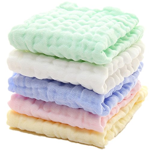 MUKIN Baby Muslin Washcloths - Soft Newborn Baby Face Towel and Washcloth for Sensitive Skin - 5 Pack, 12x12 inches, Assorted Colors, 100% Muslin Cotton