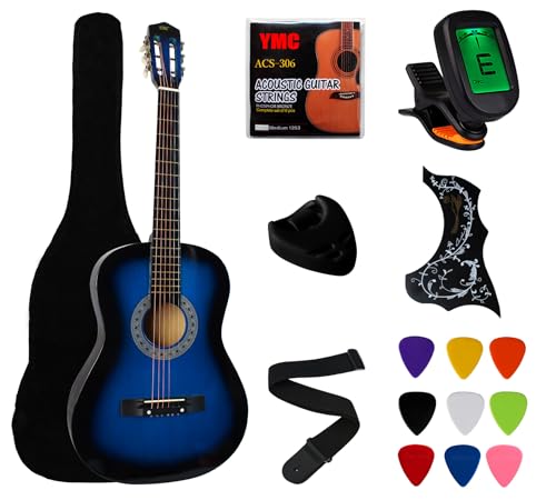 YMC 38" Blue Beginner Acoustic Guitar Starter Package Student Guitar with Gig Bag,Strap, 3 thickness 9 Picks,2 Pickguards,Pick Holder, Extra Strings, Electronic Tuner -Blue