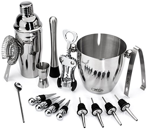 Buddy 16-Piece Wine and Cocktail Mixing Bar Set–Bartender Kit w/Essential Barware Tools-Large 25 oz. Stainless Steel Shaker, Ice Bucket, Muddler, Double Sided Jigger - Free 1000 Cocktail Recipes PDF